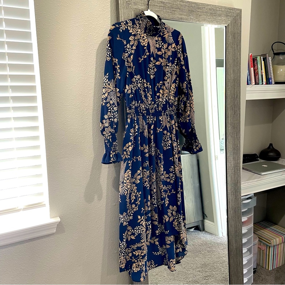 Nanette Lepore Long Sleeve Navy and Gold Smocked Dip Hem Dress Size 4